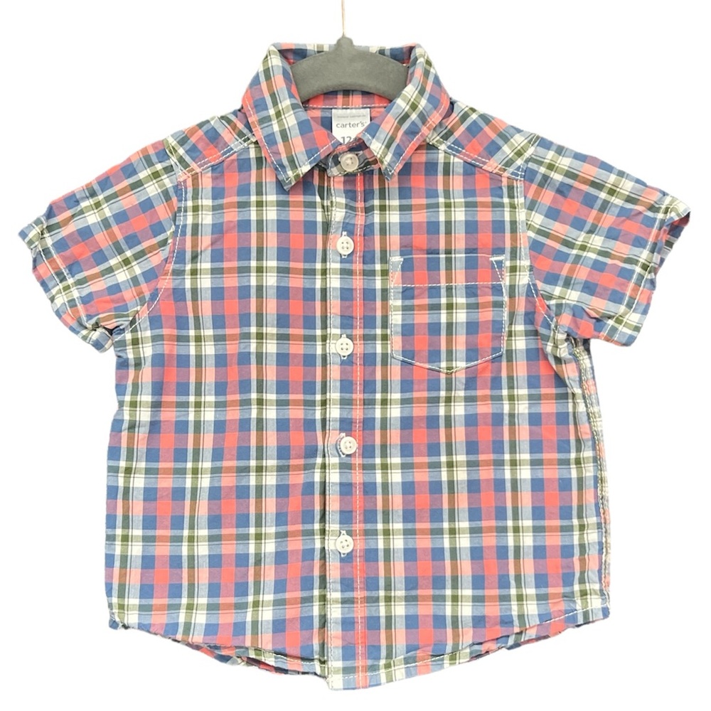 Carter's Boy's Multicolor Plaid Short Sleeve Shirt 12 Months With Front Pocket
